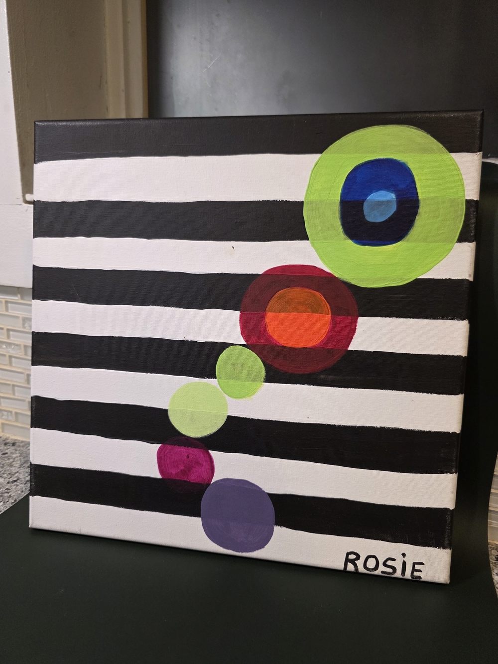 Abstract Circle Stripe Canvas Art - Black, White, Lime, Blue, Purple